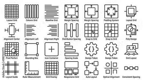 Design system and layout grid icon set, graphic elements for website development.