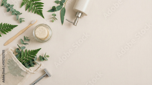 Eco friendly zero waste flat lay with natural products and green leaves, sustainable lifestyle background with copy space 