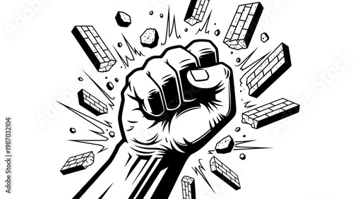 Fist breaking through brick wall, symbolizing strength, power, and overcoming obstacles