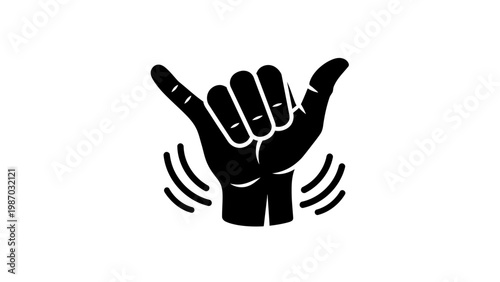 Hang Loose Hand Gesture Icon, Shaka Sign, Black Silhouette on White Background