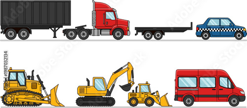 Commercial and Construction Vehicles Set Including Truck, Trailer, Taxi, Bulldozer, Excavator, Loader, and Van in Flat Style for Transport and Industrial Use Illustration
