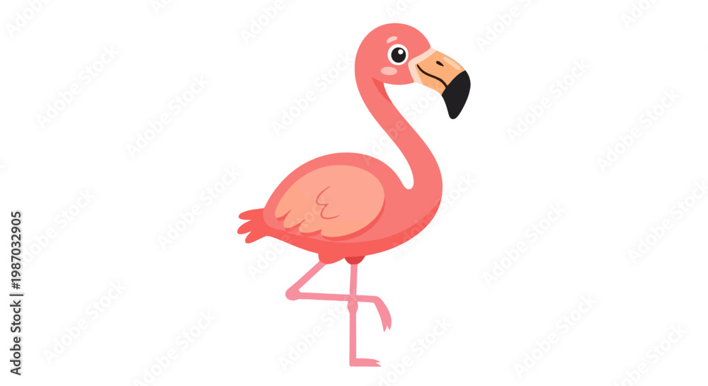 Fototapeta premium A playful pink flamingo stands elegantly on one leg, its vibrant plumage and distinctive beak creating a charming and whimsical illustration perfect for any nature or children's themed design