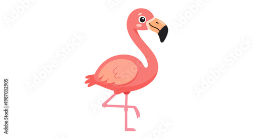A playful pink flamingo stands elegantly on one leg, its vibrant plumage and distinctive beak creating a charming and whimsical illustration perfect for any nature or children's themed design