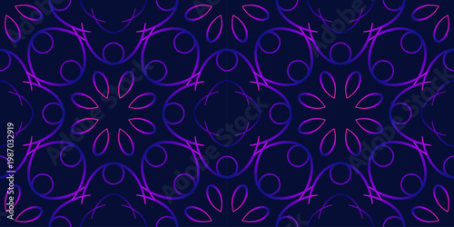 Dark blue purple seamless pattern of frilly geometry elements. Complex lacy lattice of intertwined curved lines. Geometry square ornamental decor of shades in blue and purple on dark blue background