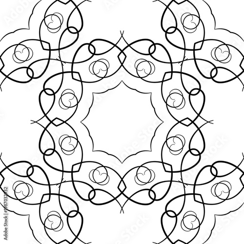 Monochrome seamless pattern in ethnic style. Ornate composition of swirls and curved lines. Black round geometry ethnic ornament on white background