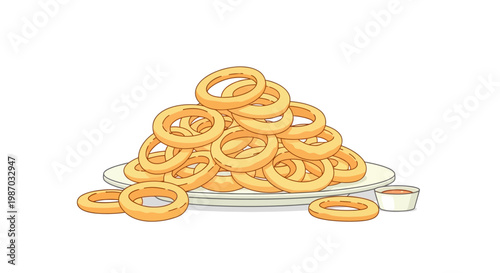 Deliciously Crispy Golden Onion Rings Stacked High on a Plate with a Side of Dipping Sauce, Perfect for Appetizers and Snacks