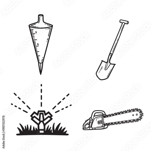 Four gardening tools on isolated white background