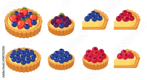 Collection of delicious fruit tarts, featuring blueberries, strawberries, and raspberries, perfect for a sweet treat or dessert