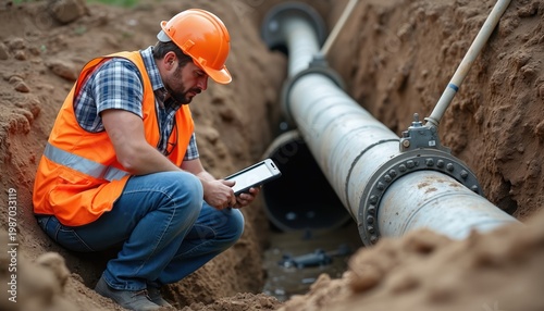 Man in hard hat and vest inspects large pipe in trench with tablet. Worker checks underground utility infrastructure, plumbing repair, construction site job.