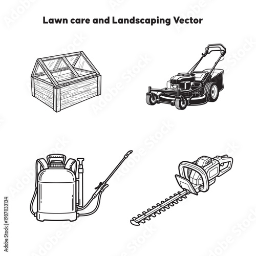 Black and white line drawing of gardening and landscaping tools on white background