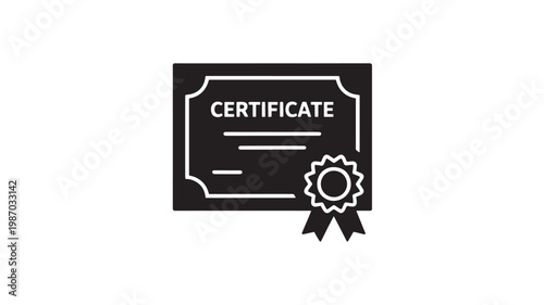 Certificate Icon With Ribbon Award Badge Achievement Recognition Symbol Minimal Black Silhouette