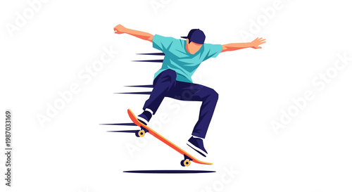 Dynamic illustration of a skilled skateboarder performing an impressive airborne trick with speed lines, capturing the essence of action, youth culture, and extreme sports with vibrant energy