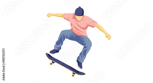 Young person in casual clothing performing an impressive trick on a skateboard, captured in dynamic mid-air action against a clean white background