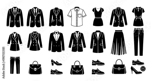 Fashion clothing silhouettes in circular layout with men and women outfits and accessories isolated on white