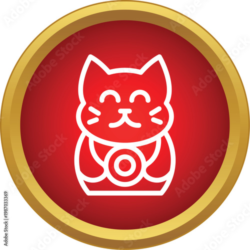 Maneki neko symbol bringing prosperity and welcoming good fortune in a red and gold emblem