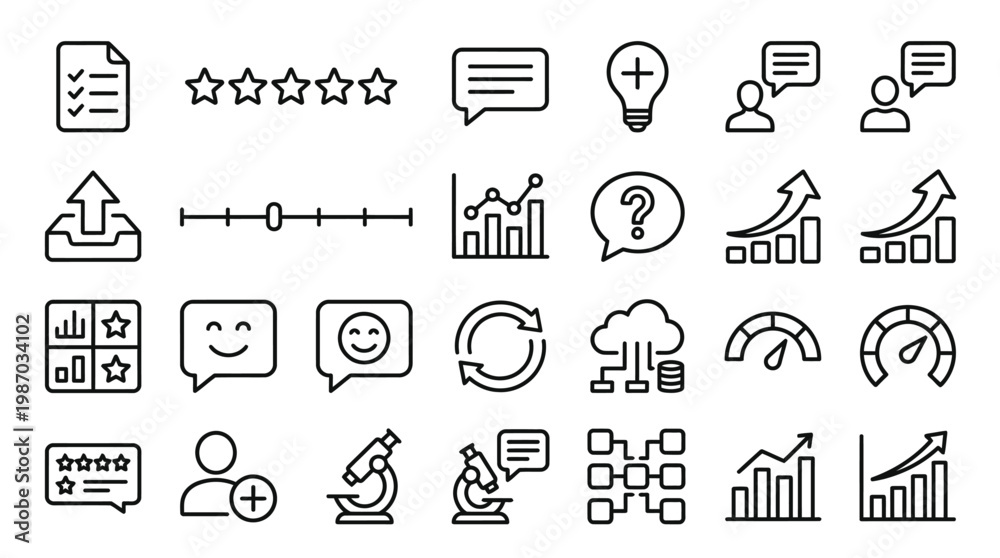 Fototapeta premium Data visualization and survey feedback icons for business analytics and performance.
