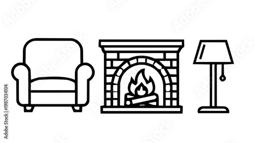 A set of three clean black outline vector icons depicting a cozy living room scene — an armchair, a lit fireplace, and a floor lamp.