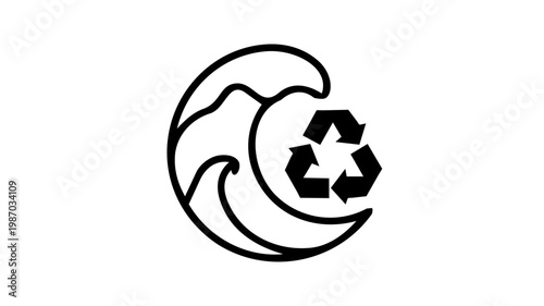 An ocean conservation concept icon combining a wave with a recycling symbol, representing environmental protection, clean water, and sustainable ecology in black outline vector style.