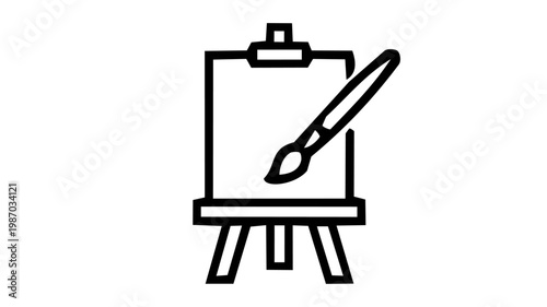 An art and creativity concept icon showing a canvas on an easel with a paintbrush, representing painting, artistic education, or creative studio in clean black outline vector style.