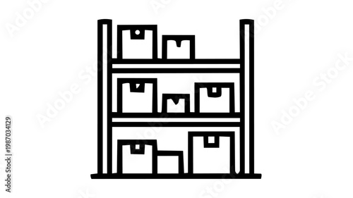 A warehouse and logistics concept icon showing a storage rack with multiple cardboard boxes on shelves, representing inventory, supply chain, or distribution in clean black outline vector style.