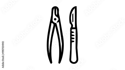 A dental and surgical tools concept icon showing forceps and a scalpel, representing medical procedures, dentistry, or surgery in clean black outline vector style.