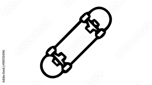 A skateboard sport and urban culture concept icon showing a complete deck with trucks and wheels in diagonal view, in clean black outline vector style.