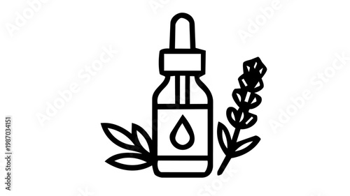 A clean black outline vector icon of an essential oil dropper bottle surrounded by botanical herb branches, representing natural wellness and aromatherapy.
