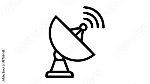 A satellite dish and wireless signal concept icon showing a parabolic antenna emitting radio waves, representing telecommunication, broadcasting, or space communication in clean black outline vector s