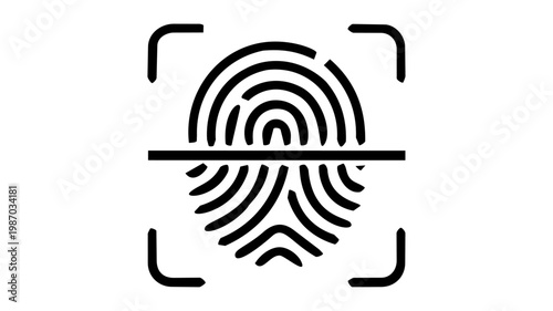 A biometric security concept icon showing a fingerprint being scanned within a frame, representing digital identity verification and authentication in bold black vector style.