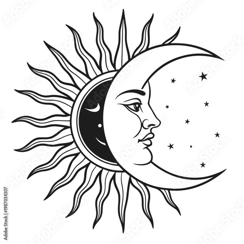 Celestial, Sun Moon, Face, Vector Illustration, Black and White