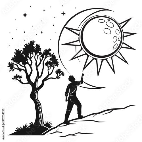 Black silhouette, man reaching sun, starry night sky, tree landscape