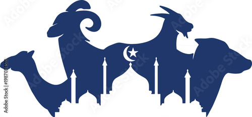 Eid al-Adha Qurban Sacrifice Animals and Mosque Silhouette Vector - Islamic Celebration Concept