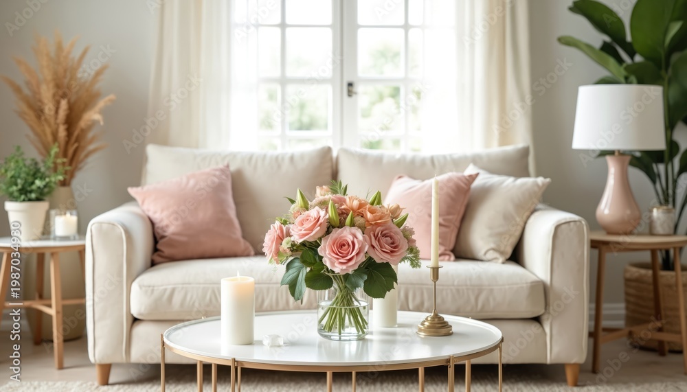 Fototapeta premium Cozy living room setup. Cream sofa with pink pillows. Flowers, candles, and decor on coffee table. Natural light from window. Minimalist interior design.