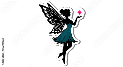 Fairy Silhouette with Magic Star Vector Illustration, Whimsical Enchanted Pixie Graphic for Fantasy Design Projects, Isolated Character Art for Creative Storytelling