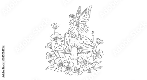 Fairy Sitting on Mushroom Vector Illustration, Enchanted Forest Fantasy Line Art Drawing for Coloring Book Page or Decorative Print Design