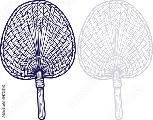 Woven Hand Fan Illustration in Line Art Style Isolated on White