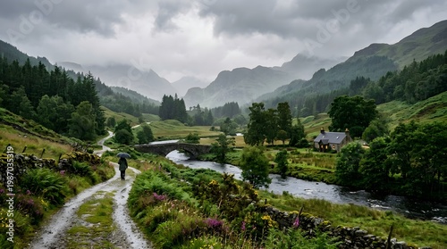 Beautiful scenery with rain falling. Generative AI.