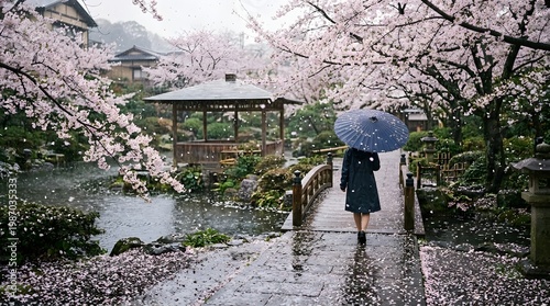 Beautiful cherry blossom scenery in the rain. Generative AI.