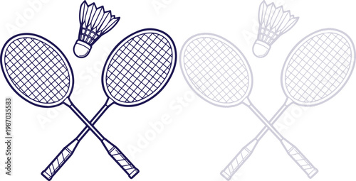 Badminton Rackets and Shuttlecock Crossed Icon Set Isolated on White Background Vector Illustration