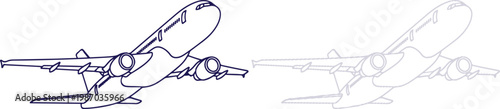 Airplane line art drawing flying in the sky isolated on white background
