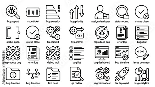 Software bug report and issue tracking icons set for quality assurance and debugging.