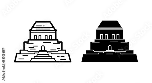 Ziggurat or ancient stepped pyramid icon set