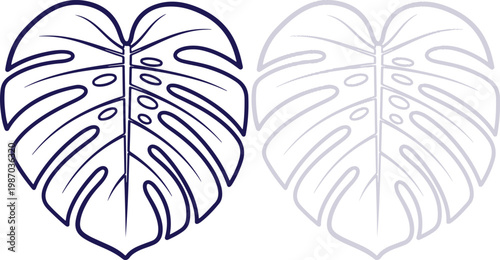 Monstera Leaf Outline Icons in Dark Blue and Light Grey Minimalist Style
