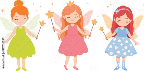 Cute Little Fairy Princess Vector Character Set with Magic Star Wands and Wings for Girls Birthday Invitation and Magical Fairytale