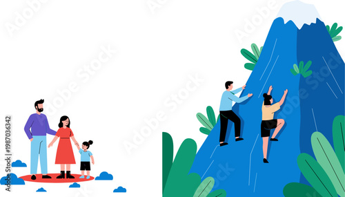 Family Support and Personal Growth Concept Illustration with Parents and Child on Ground and Individuals Climbing Mountain Representing Success, Motivation, and Life Journey