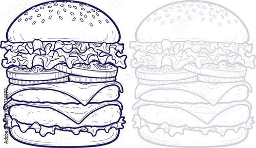 Cheeseburger Line Art Drawing with Bold and Faded Outlines Isolated on White