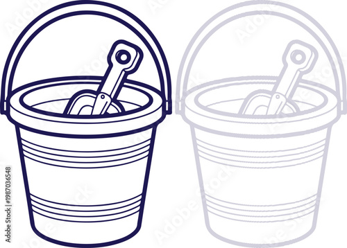 Sand Bucket and Shovel Outline Icon Set isolated on white background