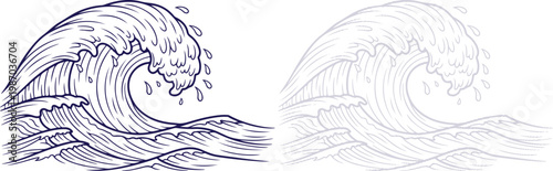 Ocean Wave Crashing with Splashes, Hand Drawn Line Art Sketch