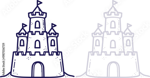 Sandcastle Outline Vector Illustration Isolated on White Background