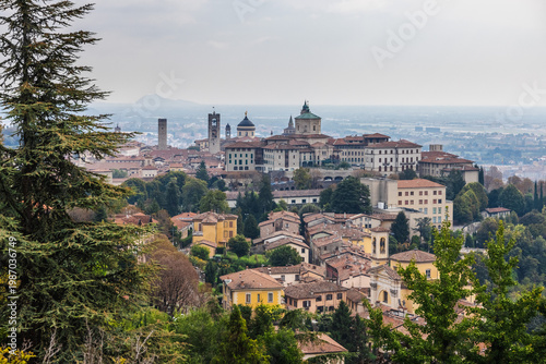 Photos Panoramic view of Bergamo Citta Alta skyline with historic buildings and Italian